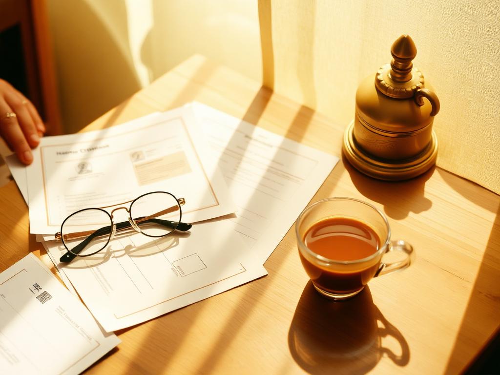 Identity documents and photocopies spread on a wooden desk beside reading glasses and a cup of chai