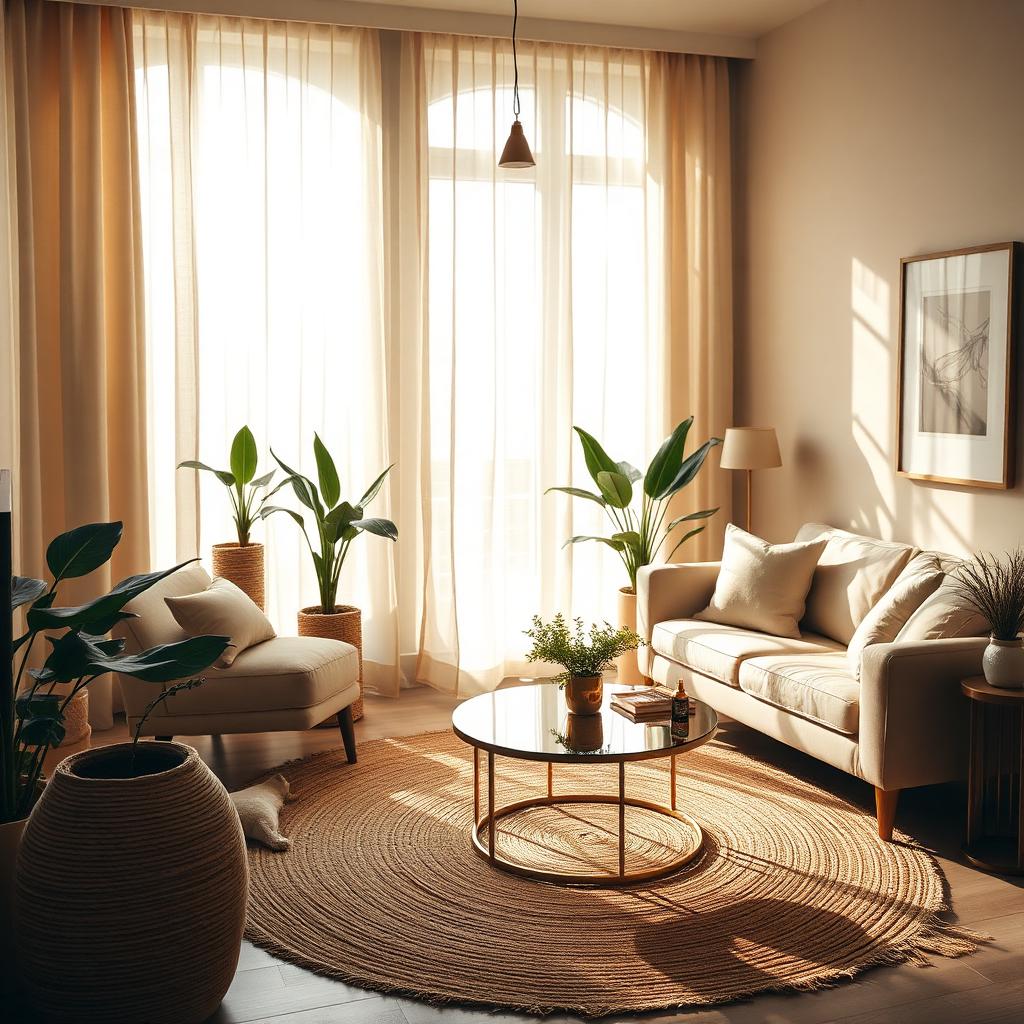 Warm morning light in a modern Indian living room with brass accents and cream sofa