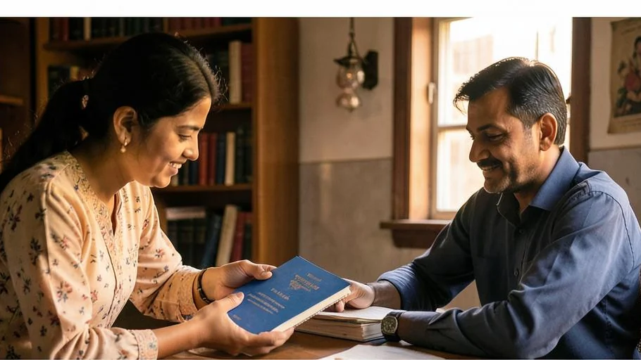 An adult maid and teacher reading a blue poetry notebook together in a book-filled Lucknow home