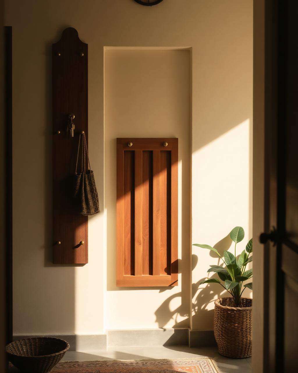 Entryway of an Indian home with a wooden shoe rack, brass hooks with keys and a cane basket in soft morning light