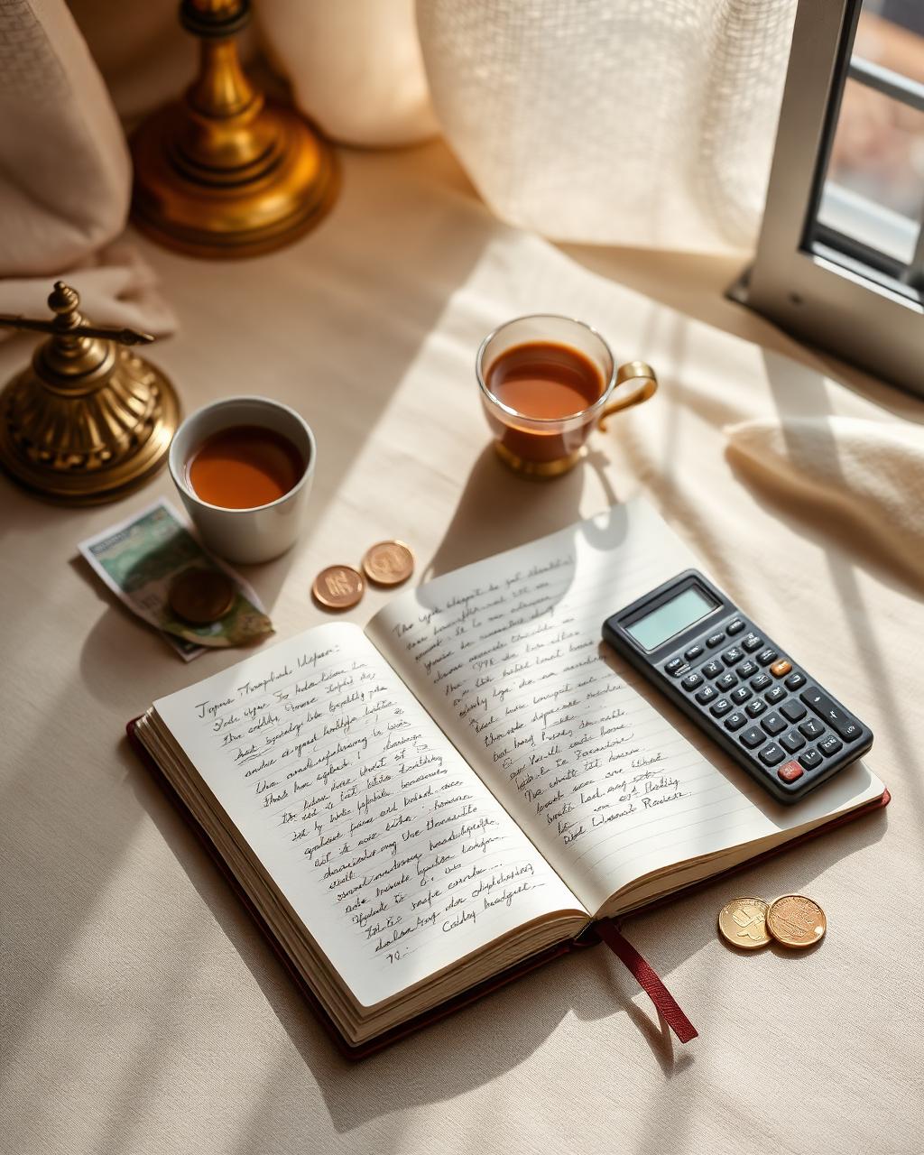 An open notebook of handwritten salary figures beside a calculator, rupee notes and a cup of chai in warm daylight